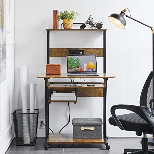 Yaheetech 3 Tiers Rolling Computer Desk on Wheels with Charging Station and Keyboard Tray, Mobile Home Office Desk PC Laptop Workstation with Power Outlet and USB Ports for Home Studying, Rustic Brown Yaheetech