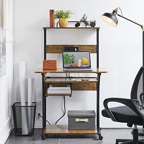 Yaheetech 3 Tiers Rolling Computer Desk on Wheels with Charging Station and Keyboard Tray, Mobile Home Office Desk PC Laptop Workstation with Power Outlet and USB Ports for Home Studying, Rustic Brown Yaheetech