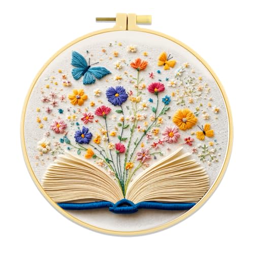 Zhenqing Open Book Garden Embroidery Kit, Fantasy Floral Craft Set with 20cm Hoop, Printed Design on 29x29cm Cotton Fabric, DIY Butterfly Wall Art (JC0023)