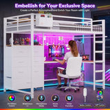 Twin Loft Bed with L-Shaped Desk, 7 Storage Drawers, Metal Loft Bed Twin Size with LED Lights and Charging Station, Storage Shelf and Pegboard, Safety Guardrail and Ladder, No Box Spring Needed, White mojiasion