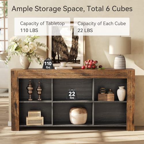LITTLE TREE Console Table with Storage, 63-Inch Narrow Long Sofa Table, Entryway Table with 6 Cubes, Farmhouse Storage Shelves for Entryway, Living Room LITTLE TREE