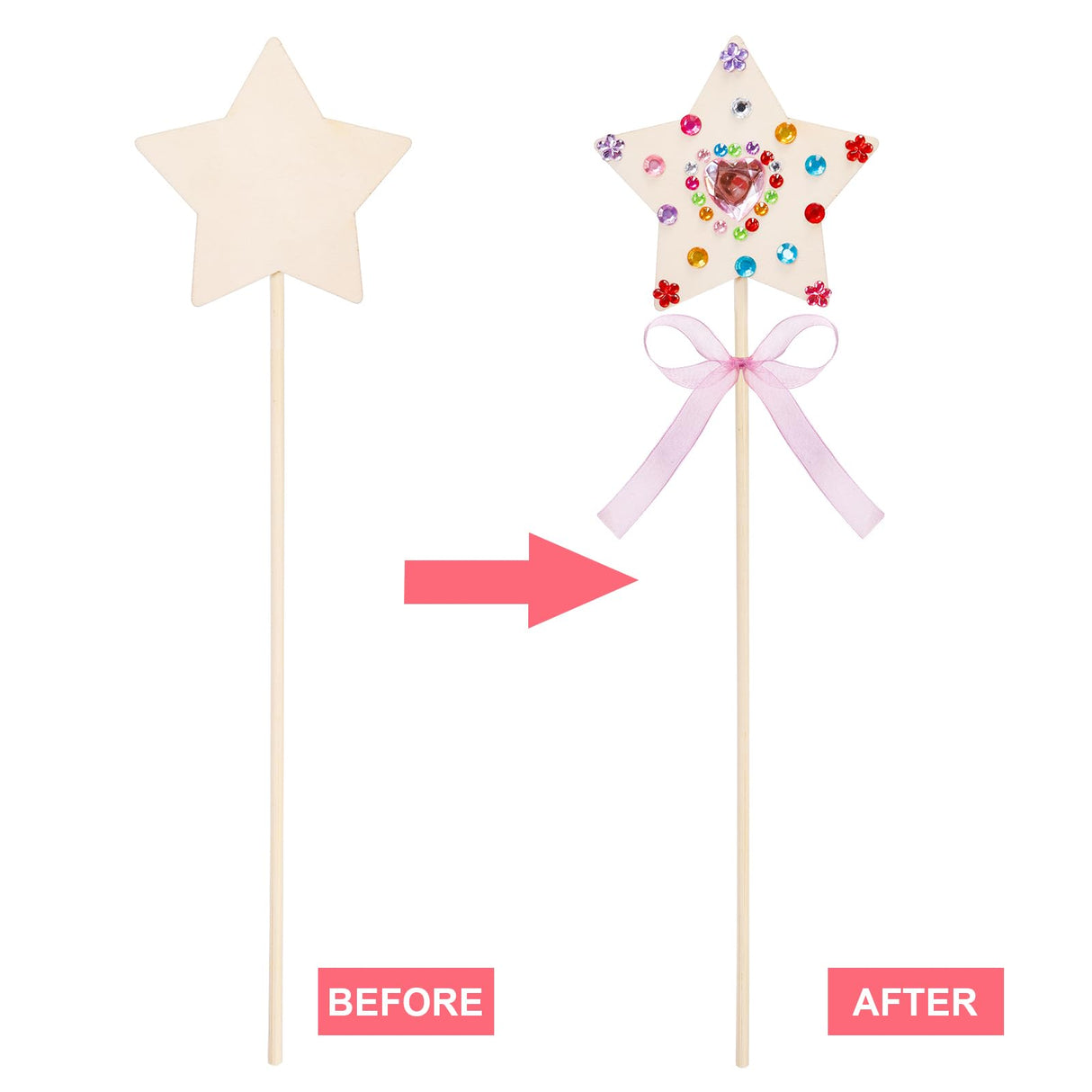 Frcctre 36 Pieces Princess Fairy Wands Kit Make Your Own Princess Wands DIY Art Craft Magical Wand Include 36 Pcs 6 Styles Unfinished Wooden Princess Wand 36 Pcs Ribbons 3 Pcs Gem Stickers Frcctre