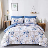 WONGS BEDDING Blue Comforter Set Full, 7 Pieces Botanical l Reversible Bed in a Bag Golden Blue Leaves Bedding Set Soft Microfiber (1 Comforter,2 Pillowcase,2 Pillow Shams,1 Flat Sheet,1 Fitted Sheet) WONGS BEDDING