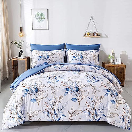 WONGS BEDDING Blue Comforter Set Full, 7 Pieces Botanical l Reversible Bed in a Bag Golden Blue Leaves Bedding Set Soft Microfiber (1 Comforter,2 Pillowcase,2 Pillow Shams,1 Flat Sheet,1 Fitted Sheet) WONGS BEDDING