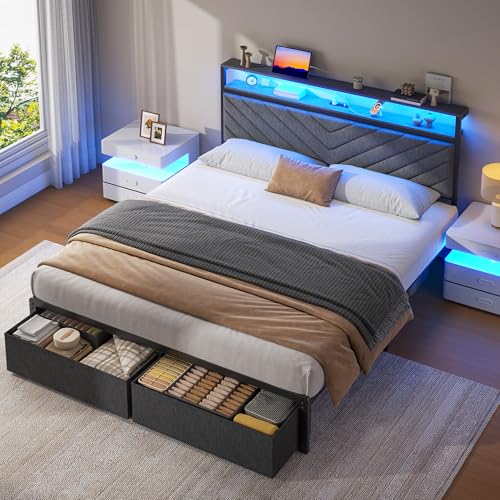Fluest Queen Bed Frame with 2 Drawers, Upholstered Headboard with Storage and Charging Station, LED Lights, Fabric Drawers with Wheels, Under Bed Storage, No Box Spring Needed, Easy Assembly, Grey Fluest
