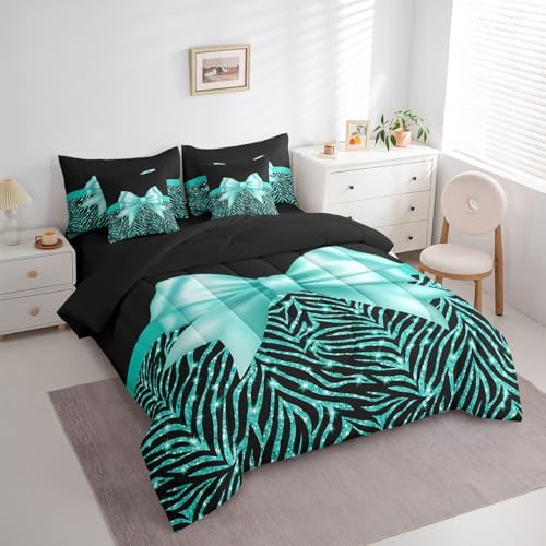 Feelyou Teal Bowknot 7 Piece Bedding Set Queen Size Glitter Print Comforter Set with Sheets for Kids Girls Adult Cute Bowknot Bed in a Bag Black Silver Bed Set Feelyou