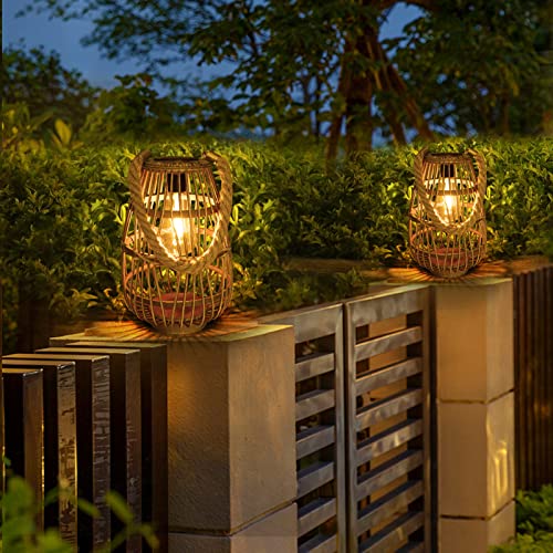 Outdoor Solar Lantern Hanging Lights - Natural Rattan Solar Lantern with Handle, Large Waterproof Led Decorative Garden Lights, Bright Rattan Solar Table Lamp for Yard Patio Wedding Home Decoration