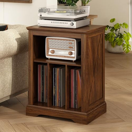 RowyPoey Farmhouse Record Player Stand, 3 Tier End Table, Turntable Stand with Vinyl Record Storage ,Wood Record Holder Cabinet Dispaly Shelf for Living Room,Bedroom,Rustic Brown RowyPoey