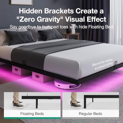 Novilla Floating Bed Frame with LED Lights, Modern Platform Full Size Bed Frame with Mattress Slide Stopper, Easy Assembly, No Box Spring Needed, Noise Free Novilla
