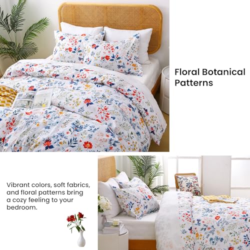Mooreeke Duvet Cover Full Size, 3 Piece Blue and Red Flower Duvet Cover Set with Zipper Closure, Soft & Breathable Botanical Patterned Microfiber Bedding Set with 4 Corner Ties and 2 Pillow Shams Mooreeke