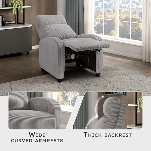 Lexicon Corduroy Pushback Recliner Chair Armchair Push Back Recliner, Solid Wood Frame and Metal Base, Easy Assembly Small Soft Single Sofa Accent Chair for Living Room/Office/Apartment, Light Grey