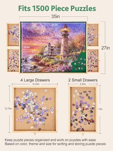 1500 Pieces Rotating Wooden Jigsaw Puzzle Board, 27"x35" Puzzle Board with 6 Drawers & Cover, 360 Degree Rotating Puzzle Storage Table for Adult