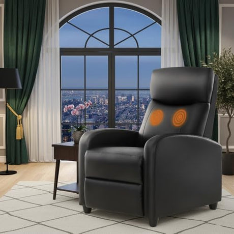 Simple Deluxe Massage Recliner Chair - Adjustable PU Leather Recliner, Luxe Reading Chair & Sofa Chair for Living Room Chairs or Bedroom Chair, Small Recliner for Home Theater, Black Simple Deluxe