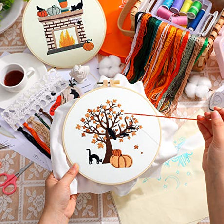 Yuxung 5 Sets Embroidery Kit for Beginners Adult Fall Thanksgiving Embroidery with Pumpkin Maple Leaf Pattern DIY Starter Needlepoint Kit with Embroidery Hoop Thread Needle for Halloween Craft Lover Yuxung