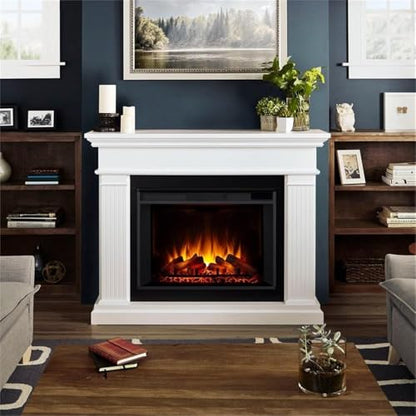 BOWERY HILL Contemporary 55.5" Wooden Surround Heater Electric Solid Wood Fireplace with Remote Control, Adjustable Led Flame, 1500W in White