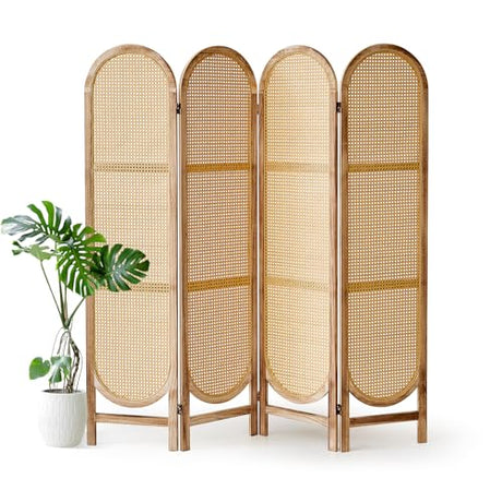 Aletheiawu Room Divider and Folding Privacy Screen 5.6 Ft Rattan Room Divider with Double Hinges, Foldable Wood Partition Screen, Freestanding Wall Divider for Room Separation Home - 4 Panel Natural Aletheiawu
