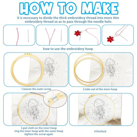 ACRNIGHEET 6PCS Embroidery Kit for Adults Beginners, Sea Animals Embroidery Starter Kit, Stamped Cross Stitch Kits for Crafts Lovers Gift Idea, Include Instructions 6 Stamped Embroidery Cloth 2 Hoop ACRNIGHEET