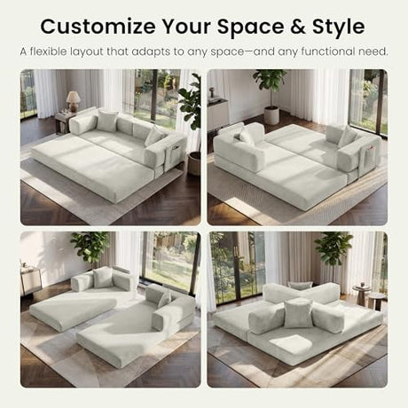 CUBENTE 78.8" Convertible Sofa Bed,Corduroy Futon Couch with Storage Pocket,Folding Pull Out Futon Sofa,No Assembly Boneless Couch for Living Room, White CUBENTE