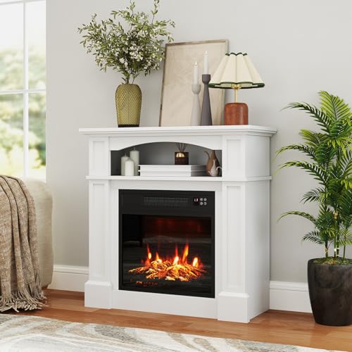 ORALNER 32” Electric Fireplace with Mantel, Package Wooden Firebox Surround Freestanding 18“ Fireplace Insert Heater w/ 3 Flame Effects, Remote & 6H Timer, Overheat Protection, 1400W (White) ORALNER
