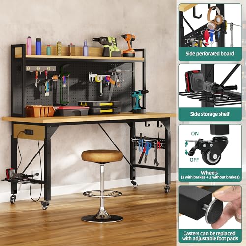 YITAHOME 48" Adjustable Workbench with Pegboard, Wheels, 1600 LB Capacity, Rolling Work Table with AC/USB Outlets, Hooks, and Rack, Heavy-Duty Work Bench for Garage, Workshop, Office YITAHOME