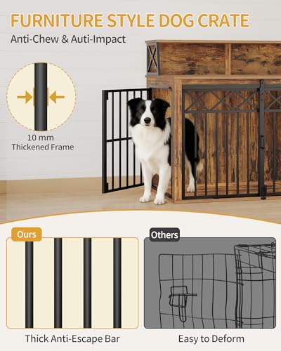 Hzuaneri 39.4'' Dog Crate Furniture, Large Wooden Dog Crate with Storage and 3 Doors, Indoor Kennel for Medium/Large Dogs, End Table with Barn Door, Chew-Proof and Escape-Proof, Rustic Brown DFC87401B Hzuaneri