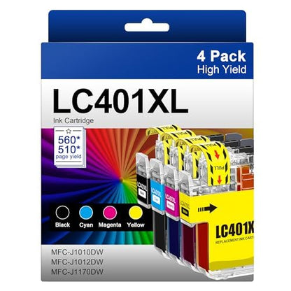 LC401XL Ink Cartridges High Yield Compatible for Brother LC401 LC 401XL to Use with Brother MFC-J1010DW MFC-J1012DW MFC-J1170DW Printer (Black Cyan Magenta Yellow, 4 Pack)