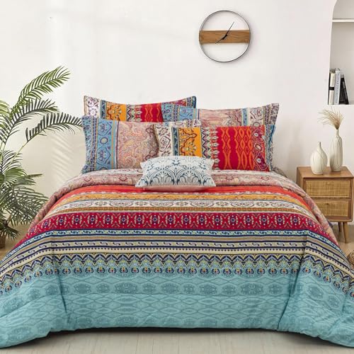Goodidea Striped Bohemian Comforter Set King Size 3 Pieces Boho Hippie Geometric Bedding Set Soft Breathable Reversible Microfiber Boho Comforter with 2 Pillowcases(20"x36") Goodidea