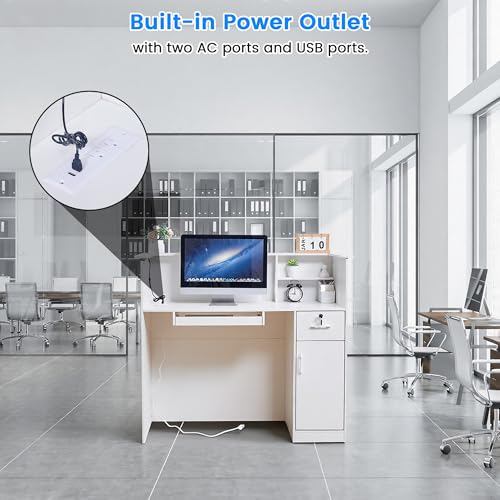 50" Reception Desk – Modern Front Desk with Lockable Drawer, Keyboard Tray, Storage Cabinet, Built-in Power Outlet, LED Lights & DIY Stripe – Ideal for Lobbies, Salons & Retail LayBurst