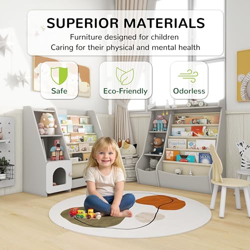 Montessori-Inspired 5-Tier Sling Bookshelf and Toy Storage for Kids - Grey Wooden Display Rack Generic