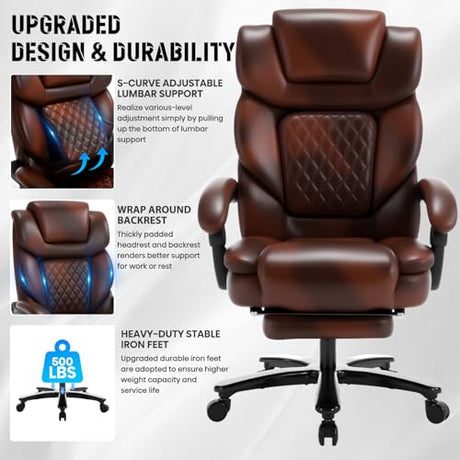 Comermax Heavy Duty Leather Office Chair with Footrest, Wide Seat Big Tall Reclining Office Desk Chair for 500lbs Heavy People, Brown Comermax