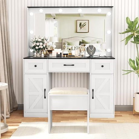 INTERGREAT 57" Makeup Vanity Desk with Large Mirror and 10 LED Lights,Dressing Table with Power Outlet & 5 Drawers,3 Lighting Color Adjustable,Vanity Desk for Girls,White INTERGREAT