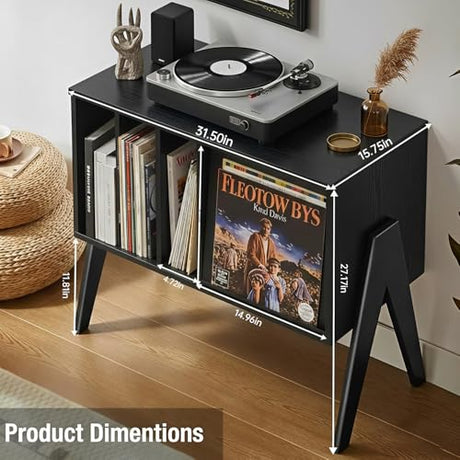 Record Player Stand with Vinyl Storage, 32" Turntable Stand with Flip-Up Album Display, Mid Century Modern Black Vinyl Record Storage Cabinet, Audio Media Console Table with V-Shape Legs FurnPulse