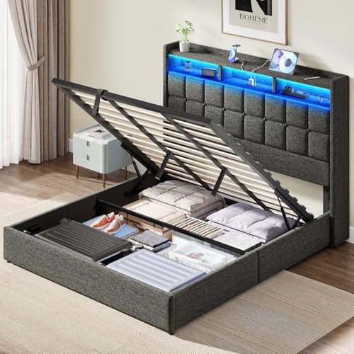Driftalia Lift Up King Size Bed Frame with Storage, Upholstered King Bed Frame with Charging Station and LED Lights Headboard, No Box Spring Needed, Easy Assembly - Dark Grey Driftalia