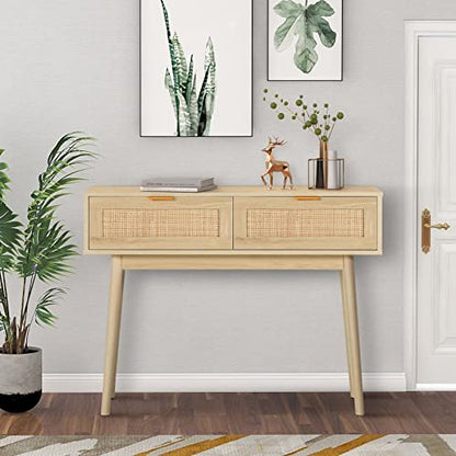 AOTIFARM Console Table with 2 Drawers Rattan Entryway Table with Storage Narrow Accent Sofa Table Behind Couch Table for Hallway, Entryway, Living Room and Bedroom Natural Wood - WoodArtSupply