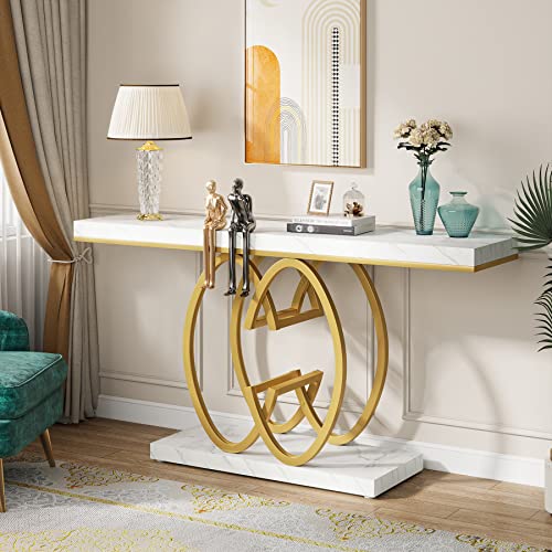 LITTLE TREE 55-Inch Gold Console Table for Entryway, Modern Faux Marble Foyer Table with Geometric Metal Legs, Narrow Long Sofa Table for Living Room LITTLE TREE