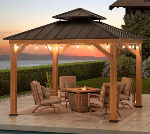 Sunjoy 11 x 11 ft. Wood Gazebo Standard Cedar Framed Gazebos with Black Double Steel Hardtop Roof for Garden, Backyard Shade, Matte Black Roof + Natural Wood Frame Sunjoy