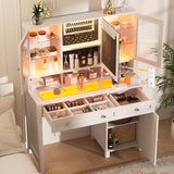 Semoic White Makeup Vanity Desk with LED Mirror and RGB Lights and Power Outlet, Morden Glass Top Vanity Table with Drawer & Storage Cabinet & Adjustable Shelves, Large Dressing Table for Bedroom Semoic