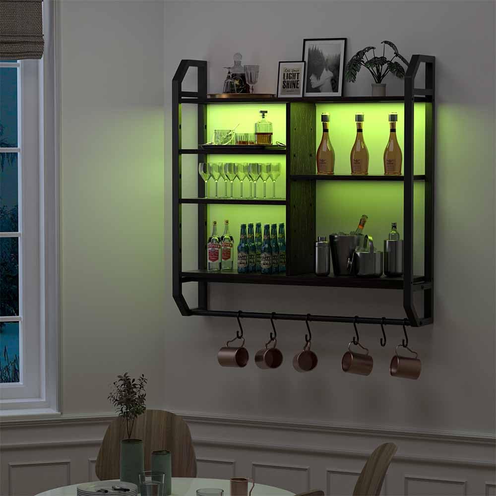 Nidouillet Gaming Floating Shelves, Large LED Wall Mounted Display Shelf, Adjustable Hanging Pipe Shelf Bookshelf with Lights 6 Hooks for Game Living Room Bedroom Coffee Bar Kitchen Decor Black Nidouillet