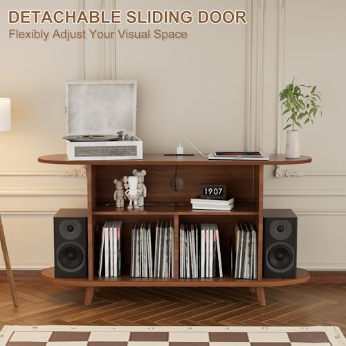 YKVIQBY Large Round Record Player Stand with Charging Station & USB Ports，Record Storage Cabinet for Bedroom (Walnut, 55in) YKVIQBY