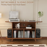 YKVIQBY Large Round Record Player Stand with Charging Station & USB Ports，Record Storage Cabinet for Bedroom (Walnut, 55in) YKVIQBY