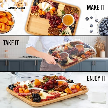 FARBERWARE Build-A-Board Bamboo Cutting Board with Clear Locking Lid and Black Handles, Perfect for Charcuterie, Snacks, and More - Make it. Take it. Enjoy it, 11x14 Inch, Single Compartment - WoodArtSupply