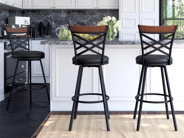 BOSHIRO Black Bar Stools Set of 2 - Rustic Wood & Metal Swivel Barstools with Curved Backrest, 360° Rotation, Adjustable Height Dining Chair for Living Room, Kitchen, Bar BOSHIRO