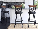 BOSHIRO Black Bar Stools Set of 2 - Rustic Wood & Metal Swivel Barstools with Curved Backrest, 360° Rotation, Adjustable Height Dining Chair for Living Room, Kitchen, Bar BOSHIRO