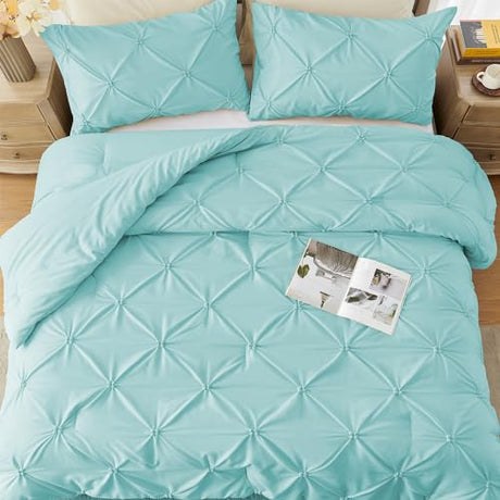 UNIKOME King Size Comforter Set Aqua Blue - Ultra Soft Boho Pintuck Down Alternative Bedding Set for All Seasons, 3 Pieces Lightweight Warm Pinch Pleat Bed Set with Comforter, 2 Pillowcases UNIKOME