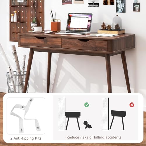 Tangkula Mid Century Desk with 2 Storage Drawers, Modern Writing Study Desk with Rubber Wood Legs, Versatile Home Office Study Desk for Small Space, Vanity Table for Bedroom (Walnut) Tangkula