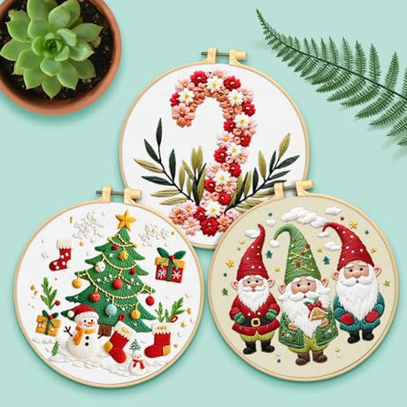 ERKOON Embroidery Kit for Beginners, 5 Sets Christmas Cross Stitch Set for Adults Include Embroidery Cloth Hoops Threads for Craft Lover Hand Stitch with Skill Techniques (Christmas#2) ERKOON