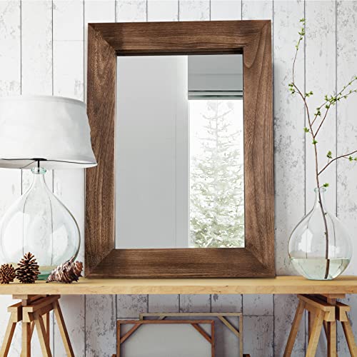 MAXYOYO Rustic Wood Wall Mirror for Bathroom, 24" x 32" Wood Framed Mirror Farmhouse Style Bathroom Vanity Mirror, Vertical or Horizontal Hanging, Brown - WoodArtSupply