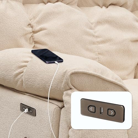 Power Glider Rocker Recliner Chair 360° Swivel Electric Lay-Flat Motion Seating Overstuffed Pillow-Top Arms Plush High Back Lumbar Support USB Charging Ports Smooth Quiet Motor (Cream White) WEALTHKING