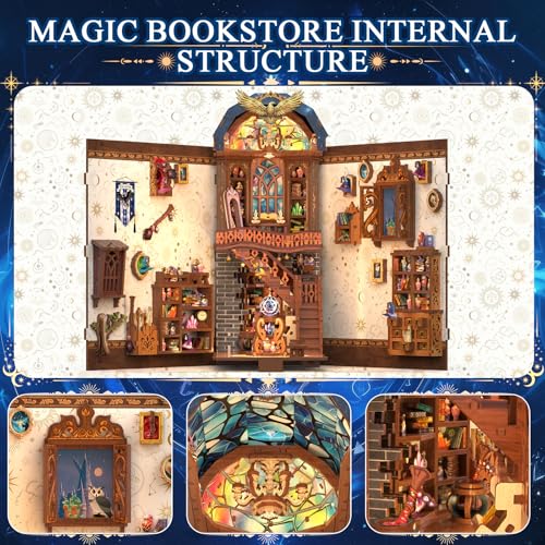 Mccreadee Book Nook Kit, DIY Miniature House 3D Wooden Puzzle with LED Light, Fantasy Bookstore Bookshelf Decor for Adults, Teens & Beginners, Gift for Book Lovers