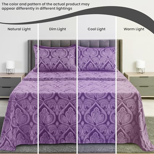 Ultra Soft Wrinkle-Free Microfiber Paisley Twin XL Sheet Set, Breathable Boho Bed Sheet Set – 16" Deep Pocket Fitted Sheet, Flat Sheet & 2 Pillowcases, Juegos de Sábanas, OEKO-TEX - Purple LDC LUX DECOR COLLECTION